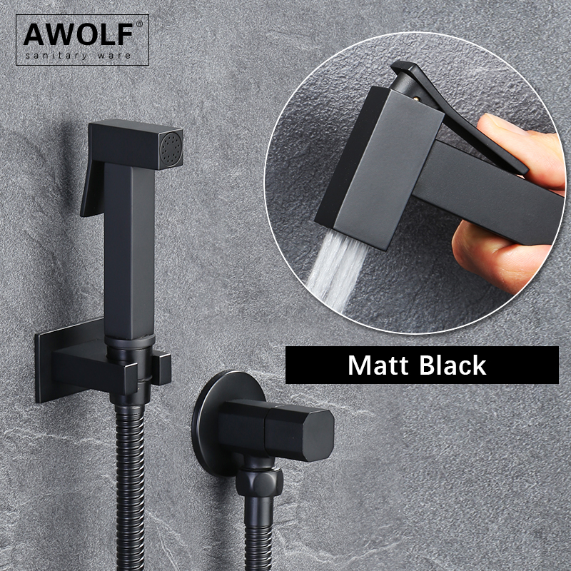 Awolf マットブラックトイレビデスプレーセット真鍮衛生シャワーヘッドスクエアハンドヘルドビデシャワー Shattaf AP2339