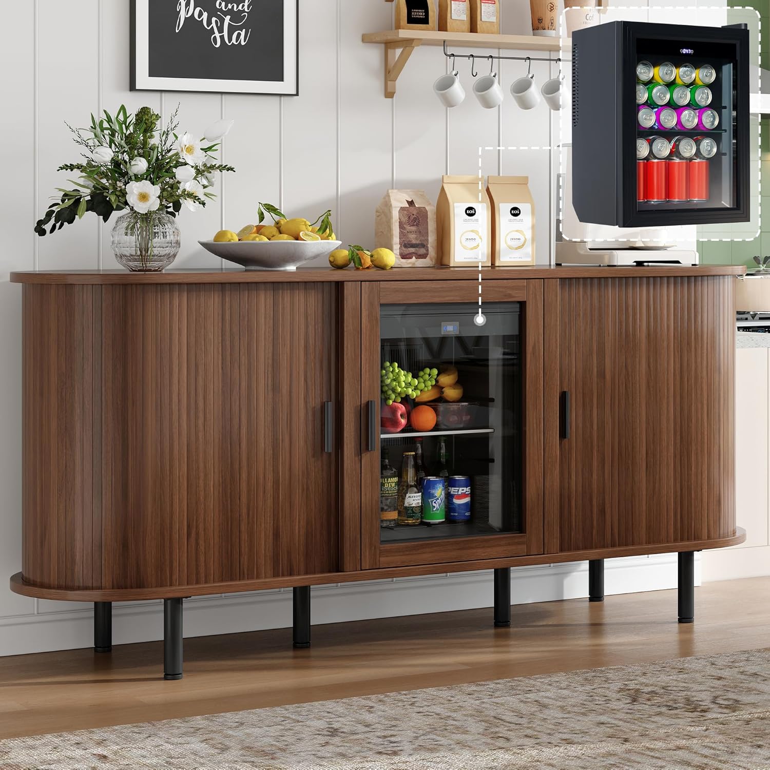 70インチ コーヒーバーキャビネット 飲料冷蔵庫付き ビュッフェサイドボードテーブルストレージ ダイニングルーム用