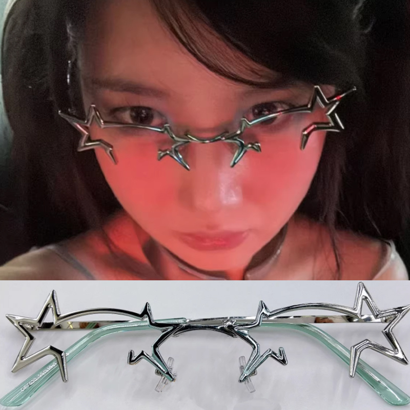 星型折りたたみ装飾メガネレンズなし COS パーソナライズされたファッション多角形 Y2K アニメメタルメガネ