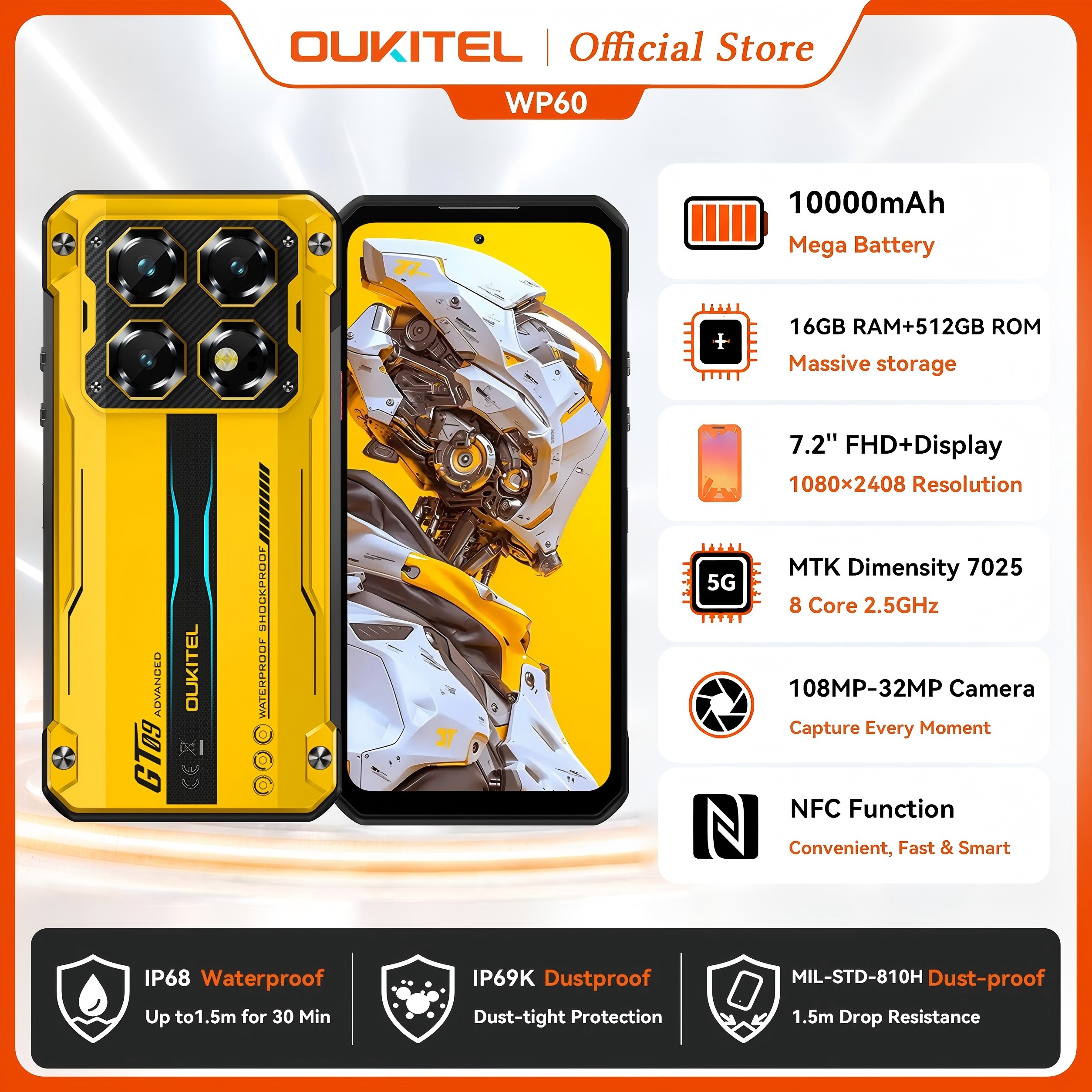OUKITEL WP60 5G NFC スマートフォン 10000mAh 48GB(16 32) 512GB、MTK 7025 Android 15 頑丈な電話、108MP カメラ、120Hz