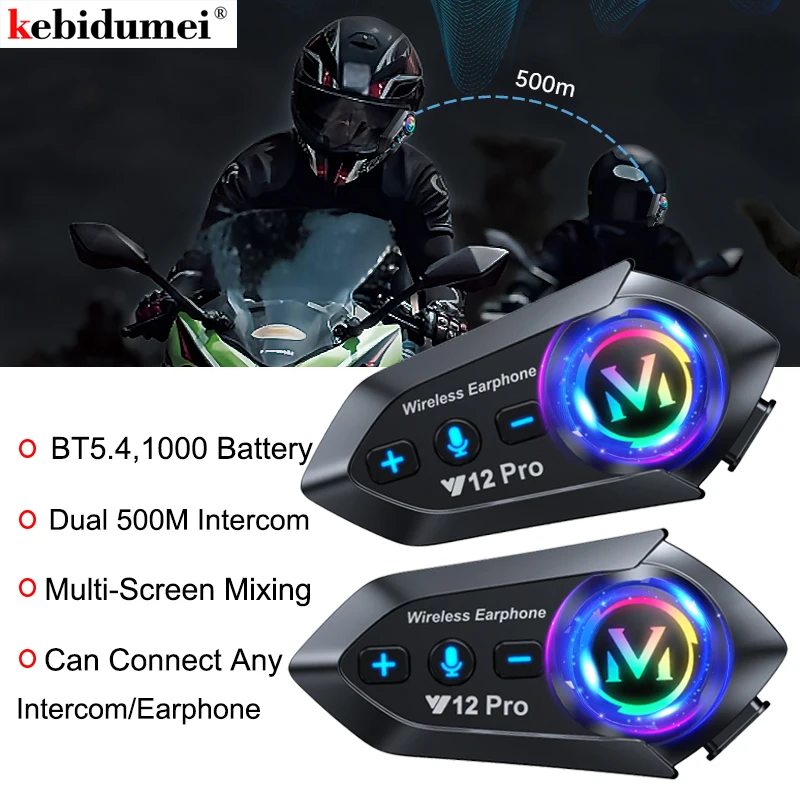 1/2x Y12 プロオートバイヘルメットインターホン V5.4 ハンズフリー通話キット 500 メートル 2 ライダー Intercomunicador モトインターホン音楽共有