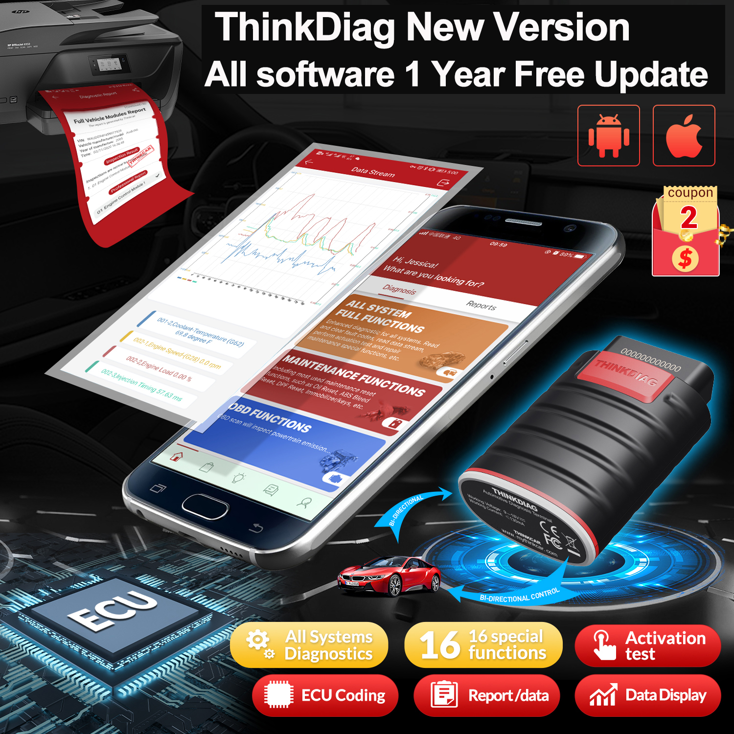 Thinkdiag OBD2 スキャナー フルソフトウェア 1 年間無料アップデート コードリーダー ECU コーディング双方向診断ツール