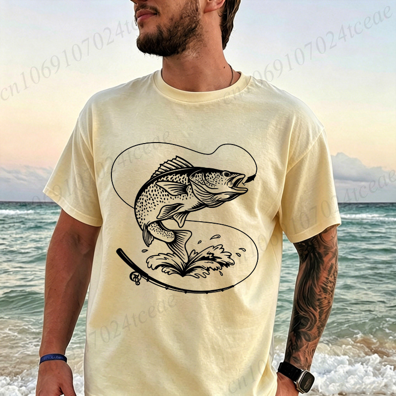 レトロ魚釣りプリント Tシャツ男性夏通気性 Tシャツ Tシャツビーチ休暇カジュアルシャツ漁師ギフト特大トップス