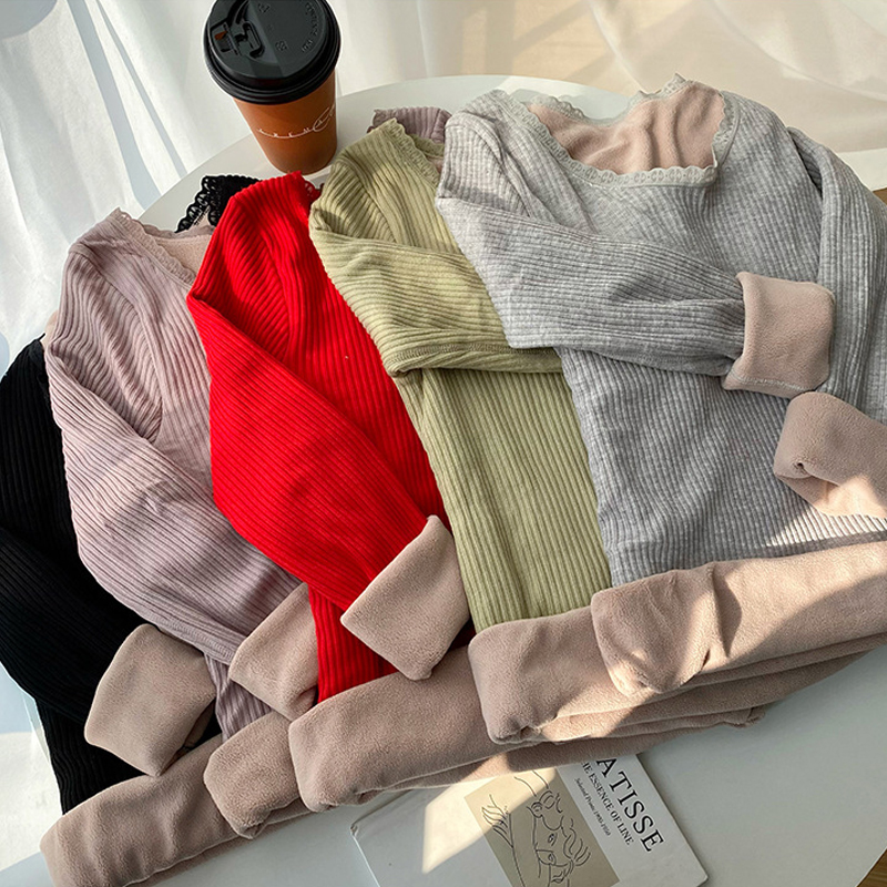 女性の冬ボトリングシャツフリース暖かい長袖ラムウールスリムフィット O ネックプルオーバーベルベット暖かい熱下着