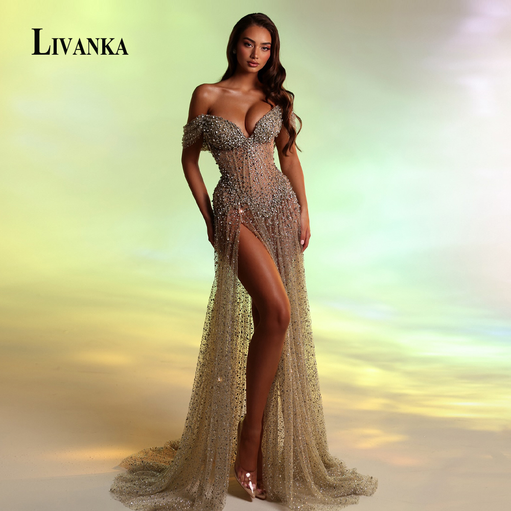 LIVANKA キラキラチュールイ​​ブニングドレス女性のためのラインストーンコルセットオフショルダーサウジアラビア Vestidos デフェスタカスタマイズ