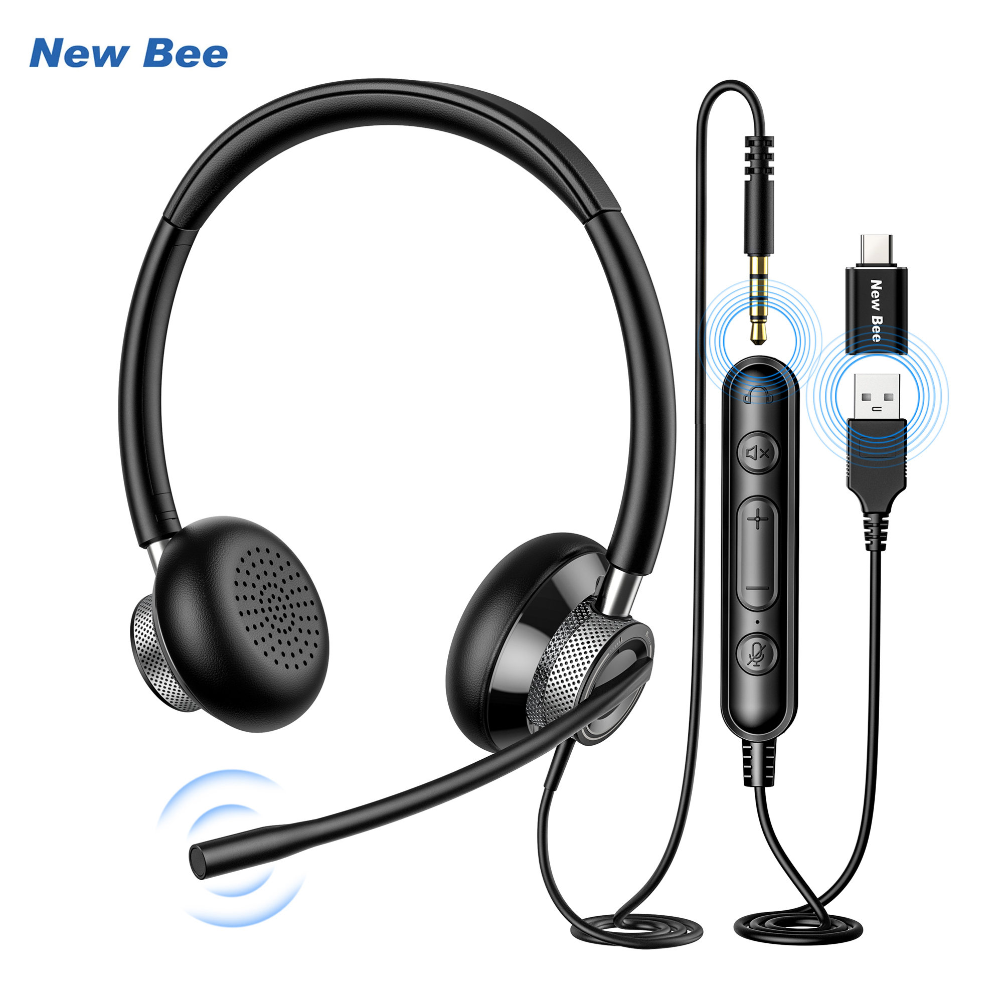 New Bee H361 USB ヘッドセット マイクミュート付き PC 用 3.5mm ビジネスヘッドフォン 回転式マイク付き ノイズキャンセリング コールセンター用