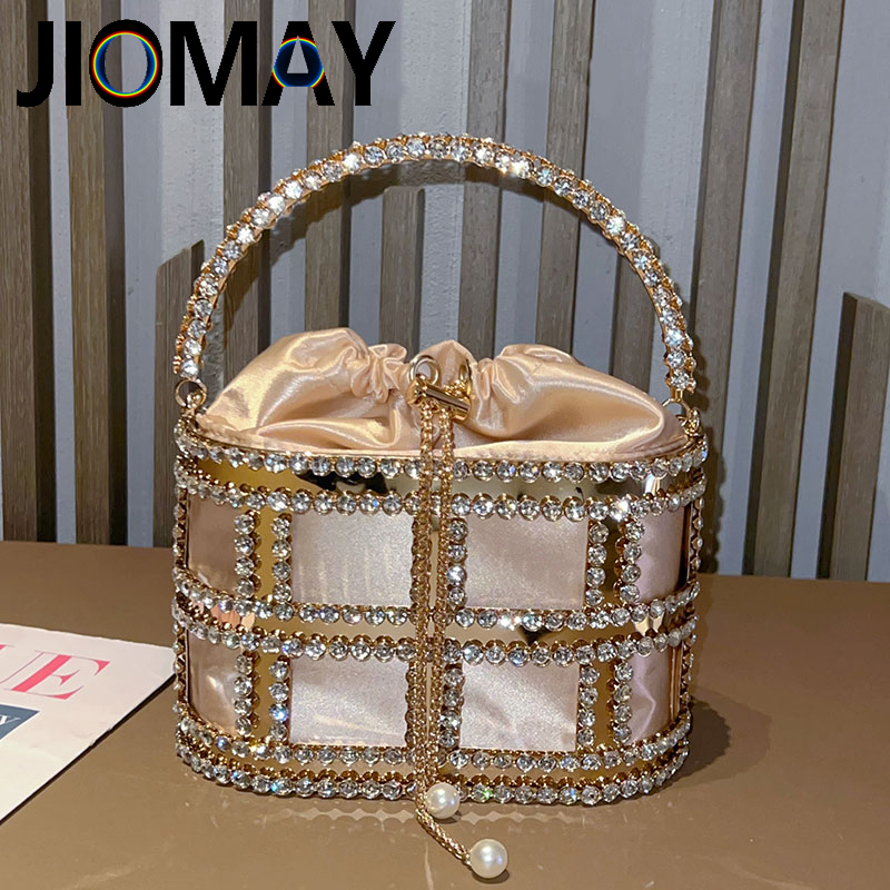 JIOMAY レディースラインストーンイブニングバッグファッショナブルな宴会高級デザイナーハンドバッグメタルユニークなバケツ多用途女性トートバッグ