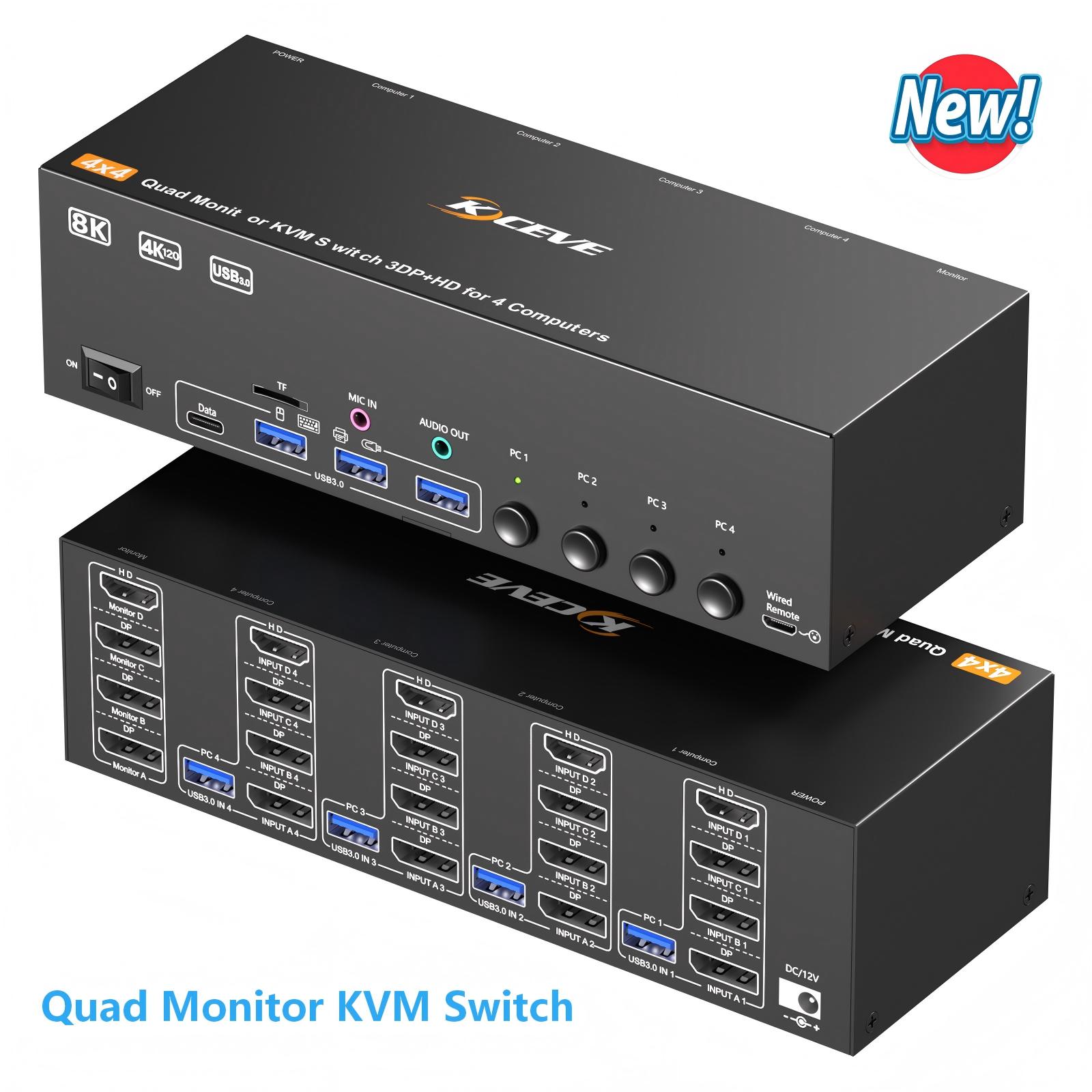 HDMI/DisplayPort KVM スイッチ 4/3/2 モニター 4 コンピューター 8K@60Hz/4k@144Hz、USB 3.0 スイッチ 4 PC 共有 4/3/2 モニター キーボード マウス