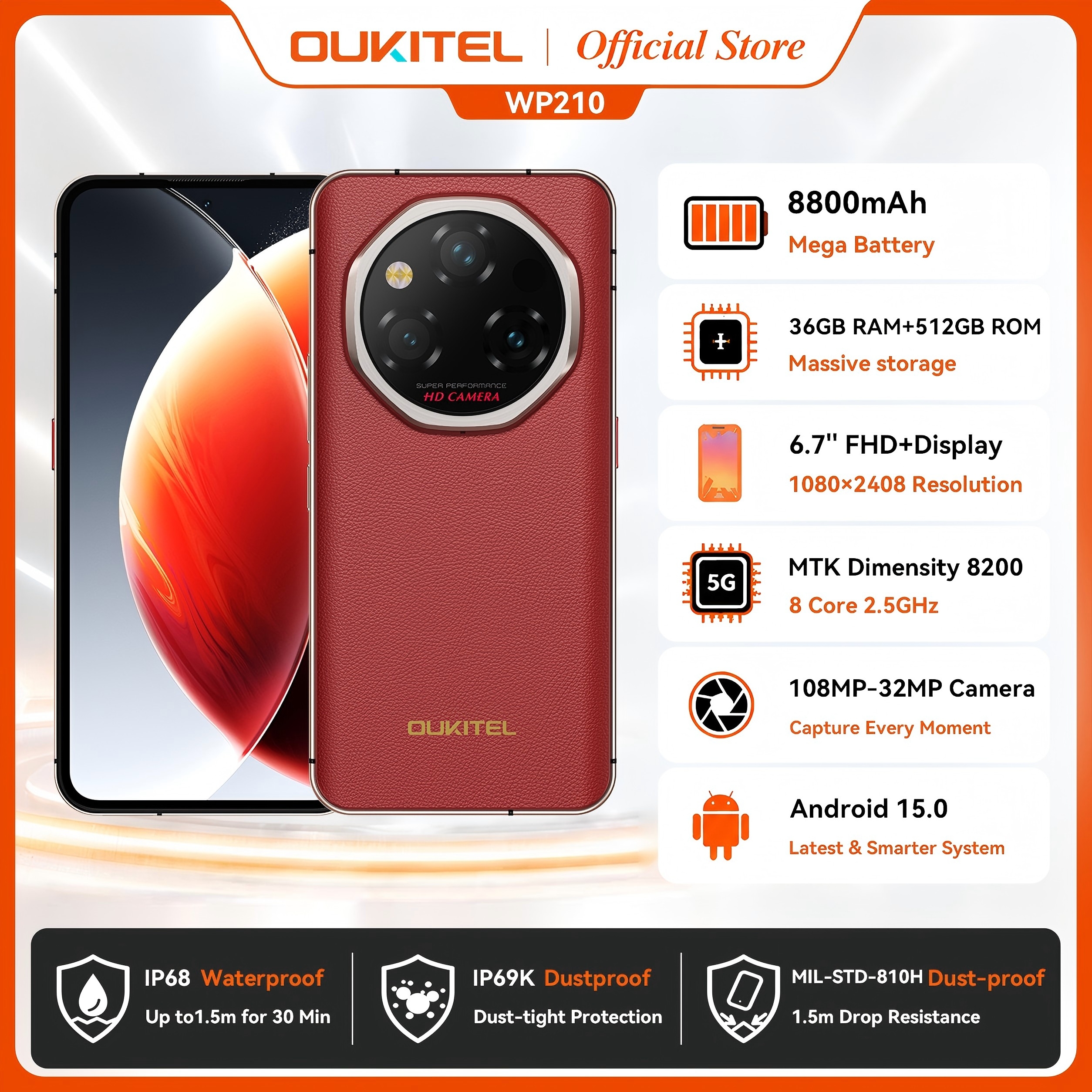 OUKITEL WP210 8800mAh 45W 頑丈な携帯電話 - MTK 8200、36GB 512GB、6.7インチ FHD、NFC、108MP カメラ Android15 5G スマートフォン
