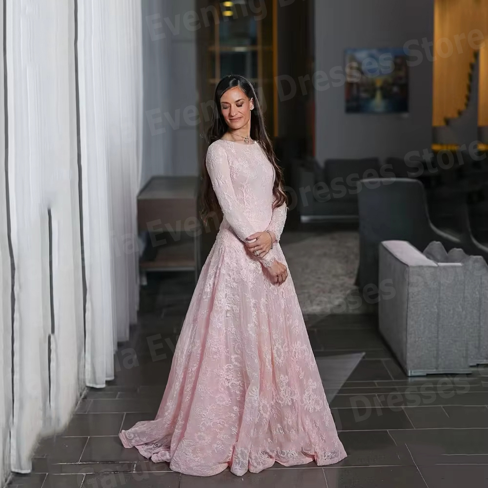 エレガントな A ラインの女性のイブニングドレス長袖レースアップリケ O ネックウエディングドレス Vestidos パラ Mujer カスタマイズされたローブ · ド · ソワレ
