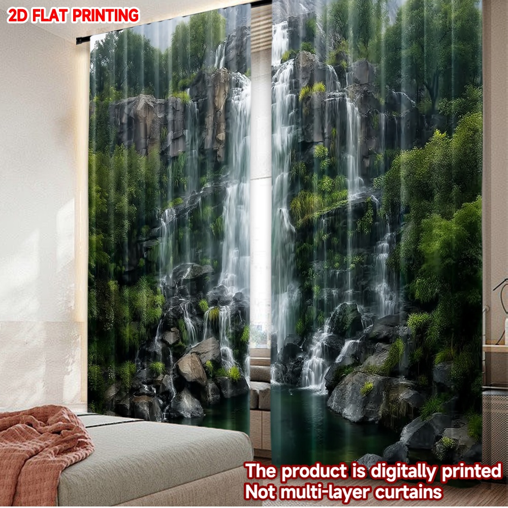 2D flat printing 2pcs Window Treatment Curtains Waterfall in Lush Forest Digital Printed Polyester Drapes All Season Party &