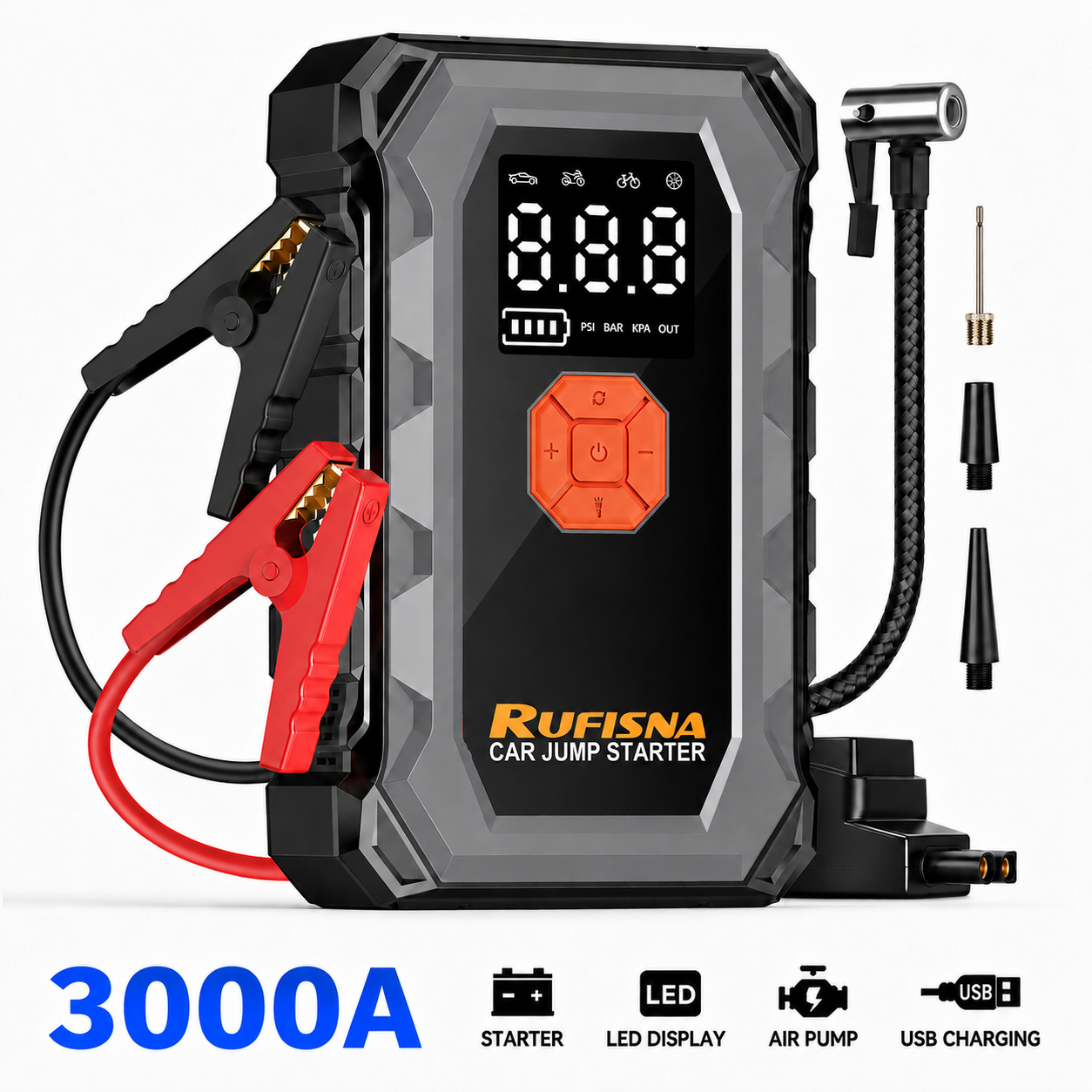 RUFISNA 12V 車用ジャンプスターター 3000A ピーク電流、8 In 1 多機能ポータブルカーバッテリースターター、内蔵 150PSI デジタルタイヤエアコンプレッサー、急速充電 USB、ガソリン Di 用緊急ジャンプスターター