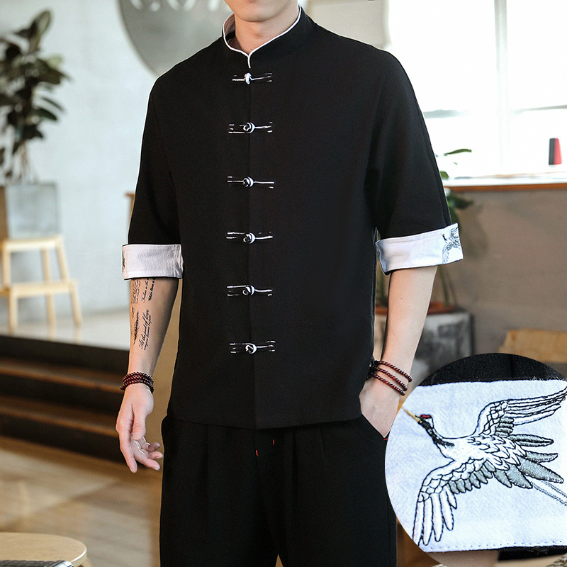 2025 夏鶴刺繍トップ伝統的な中国スタイルメンズヴィンテージ半袖リネンシャツマダリン襟カンフーシャツ