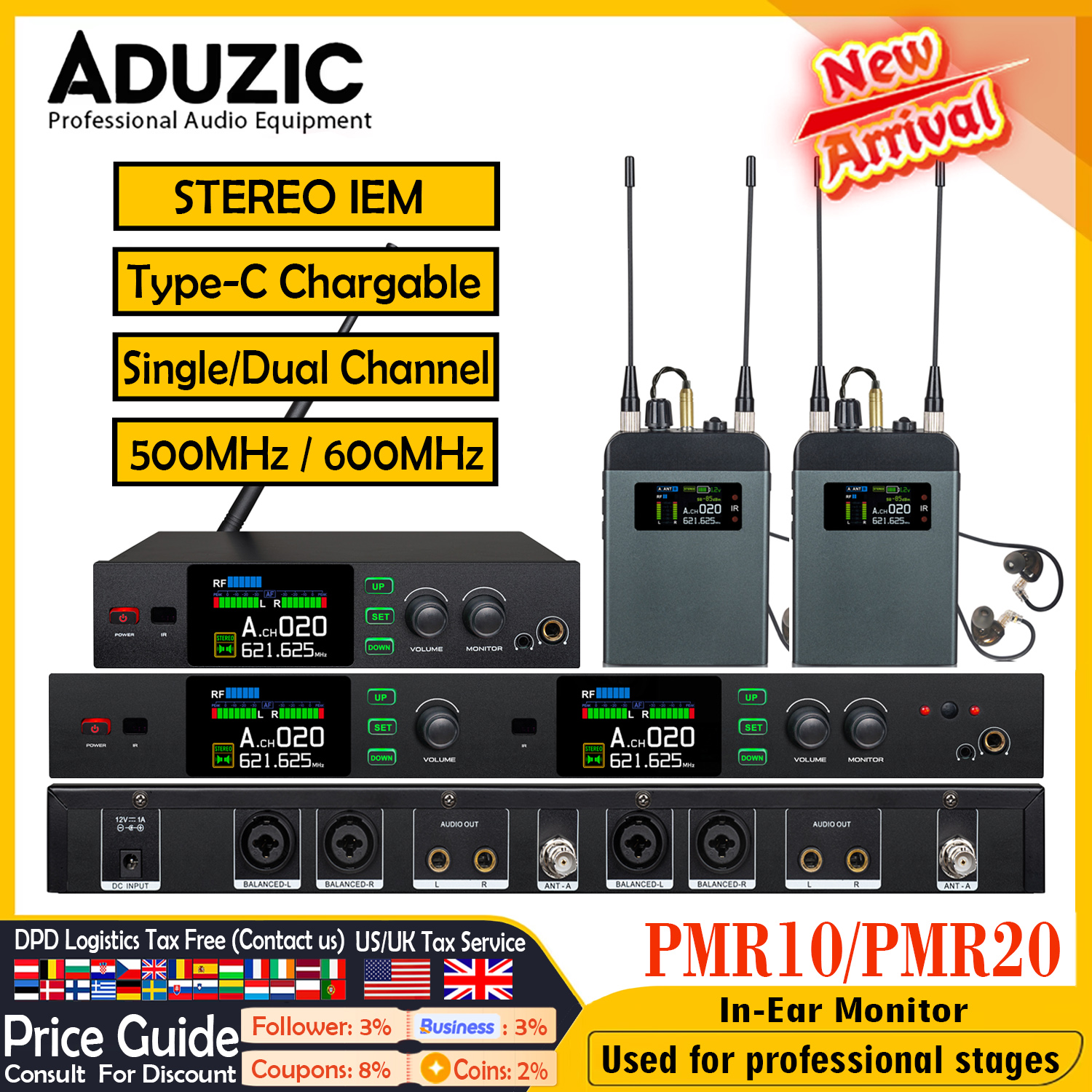 Aduzic 1/2 チャンネルインイヤーモニターワイヤレスシステムプロフェッショナルステレオ IEM ワイヤレスモニタリングシステム PMR10 PMR20 500/600MHz