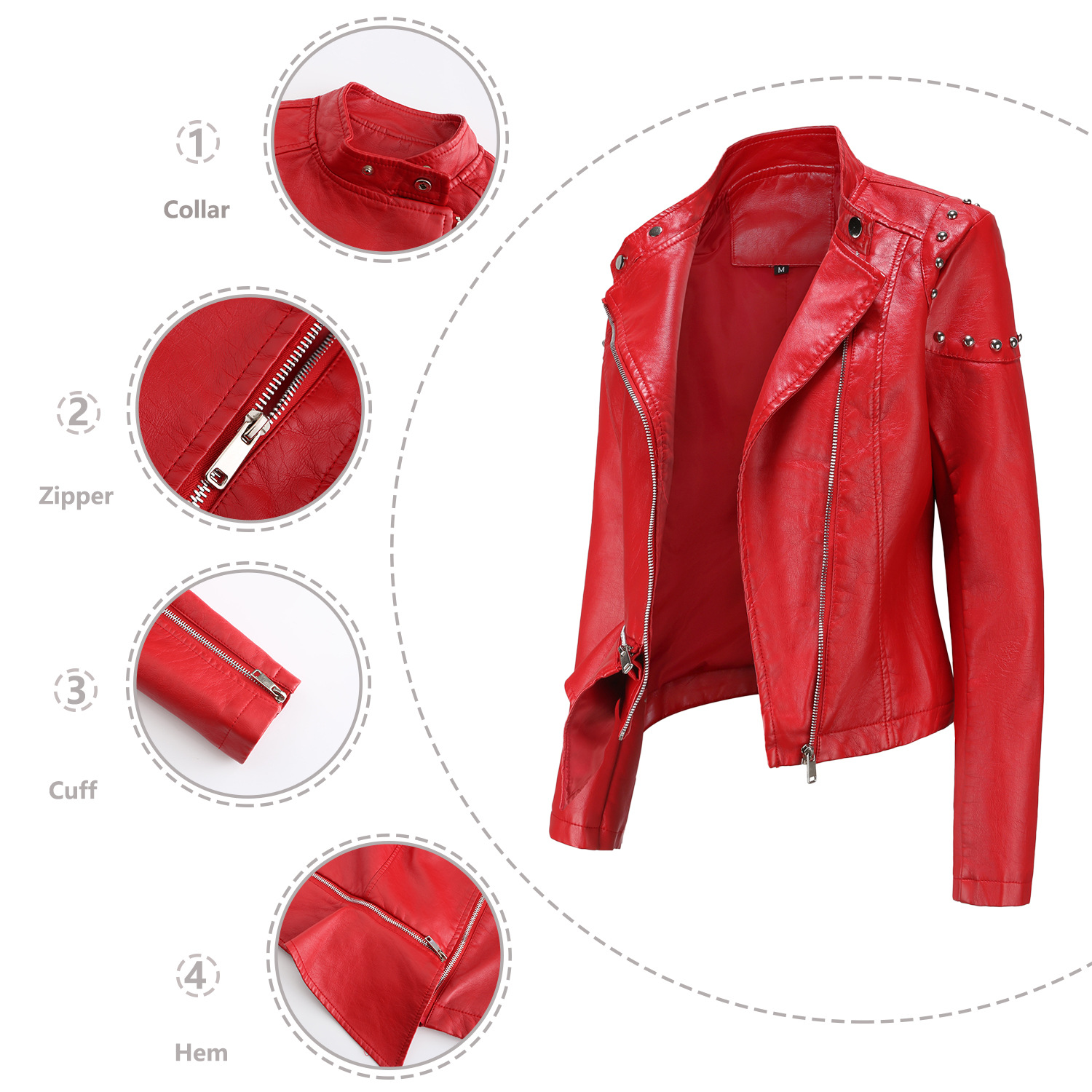 Women's Riveted Leather Coat with Standing Collar, Korean Punk Rock, Black, Red, Spring, Autumn, Fashion