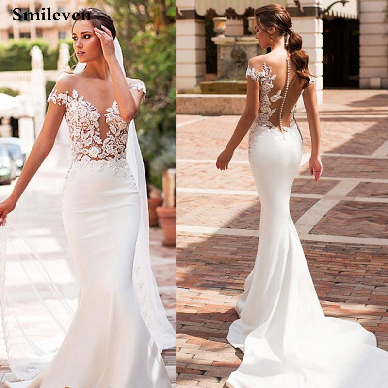 Smileven マーメイドウェディングドレス 2020 サテンキャップスリーブ Vestido デ Noiva レースボヘミアン花嫁ドレスロマンチックなボタン