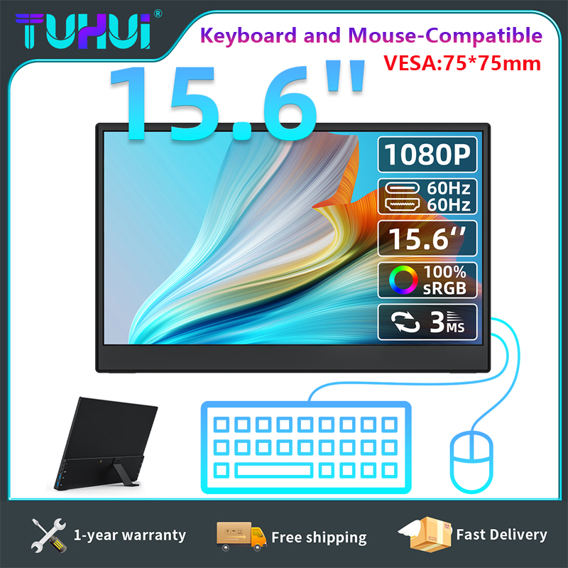 TUHUI 15.6 インチ ポータブル モニター キーボードとマウス互換 VESA ゲーム ディスプレイ 60HZ 1080P FHD IPS 携帯電話 PC ラップトップ用