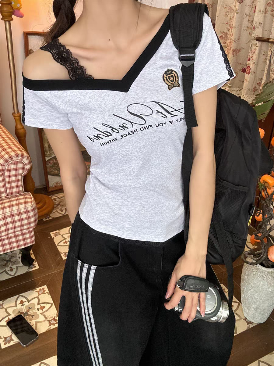 ホワイトグレーレーススポーツセクシーな夏のオフショルダートップ女性 Y2k V ネック半袖 Tシャツファッション韓国女性の基本 Tシャツ 2025 新しい