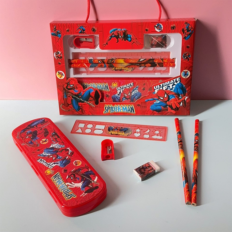 スパイダーマンの漫画文房具セット（鉛筆、ペン削り、消しゴム、定規付き）学生向けギフトボックス - 学用品ギフト