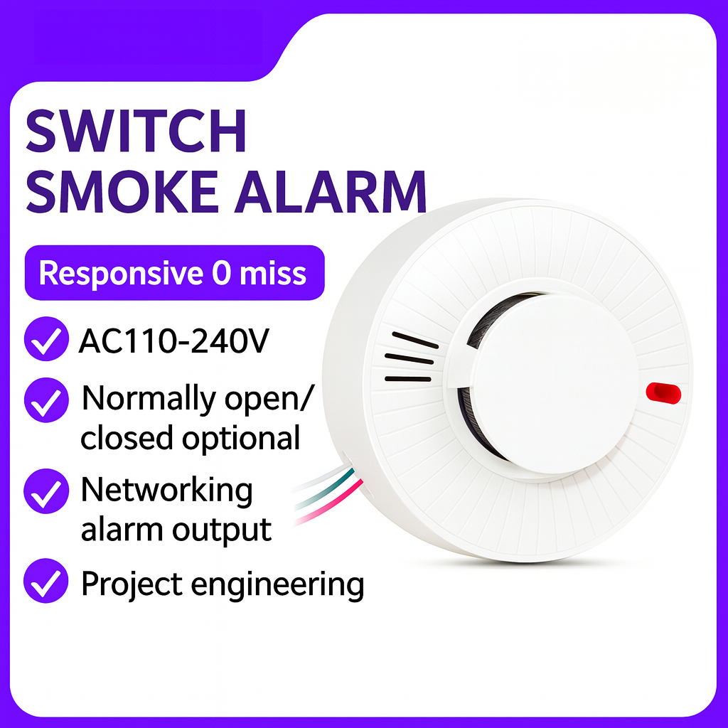 AC110-240V 有線煙警報器 |調整可能な NO/NC 接点 |倉庫オフィス学校向け高速応答火災感知器