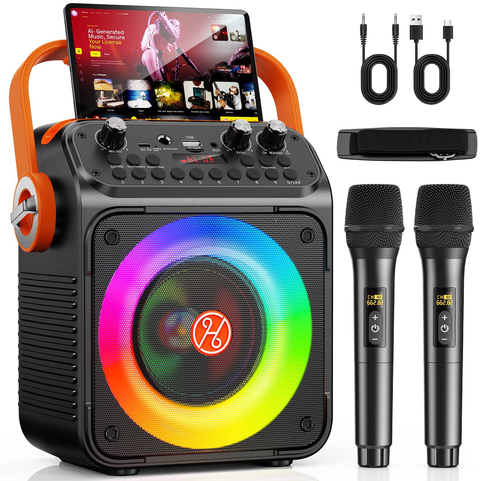 ポータブルカラOKスピーカー、Uディスク/TFカード/Bluetooth/AUX入力、録音機能付き大音量パーティースピーカー、キャンプ、ビーチ、ガレージ用