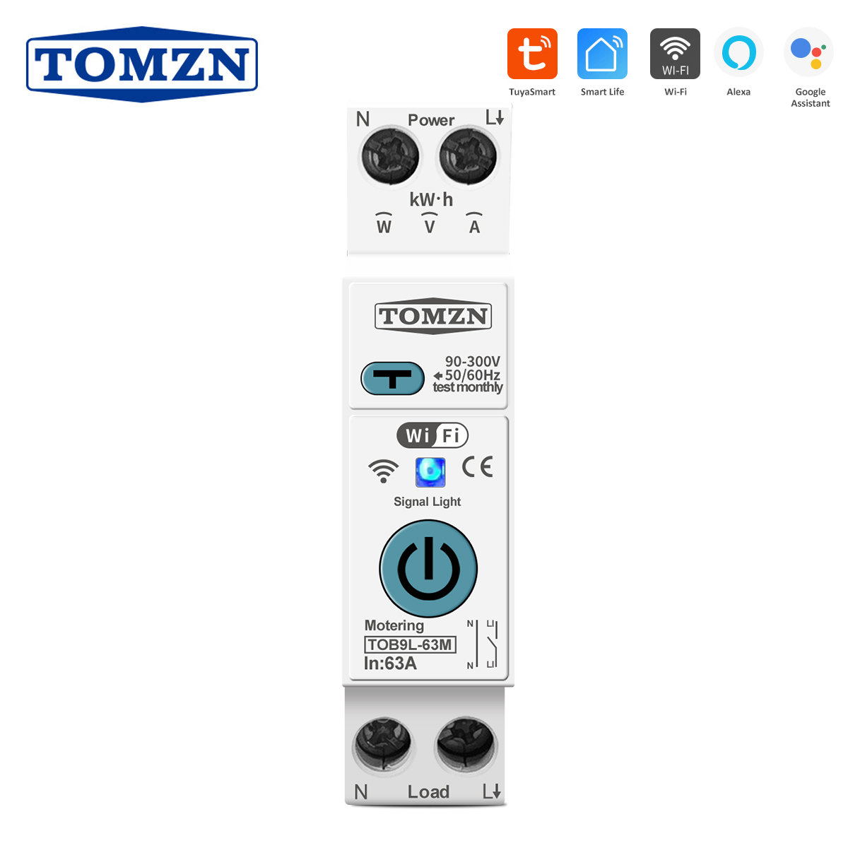 TUYA 63A TOMZN 1P N WIFI スマートスイッチエネルギーメーター計量回路ブレーカー電圧電流漏洩保護リレー MCB