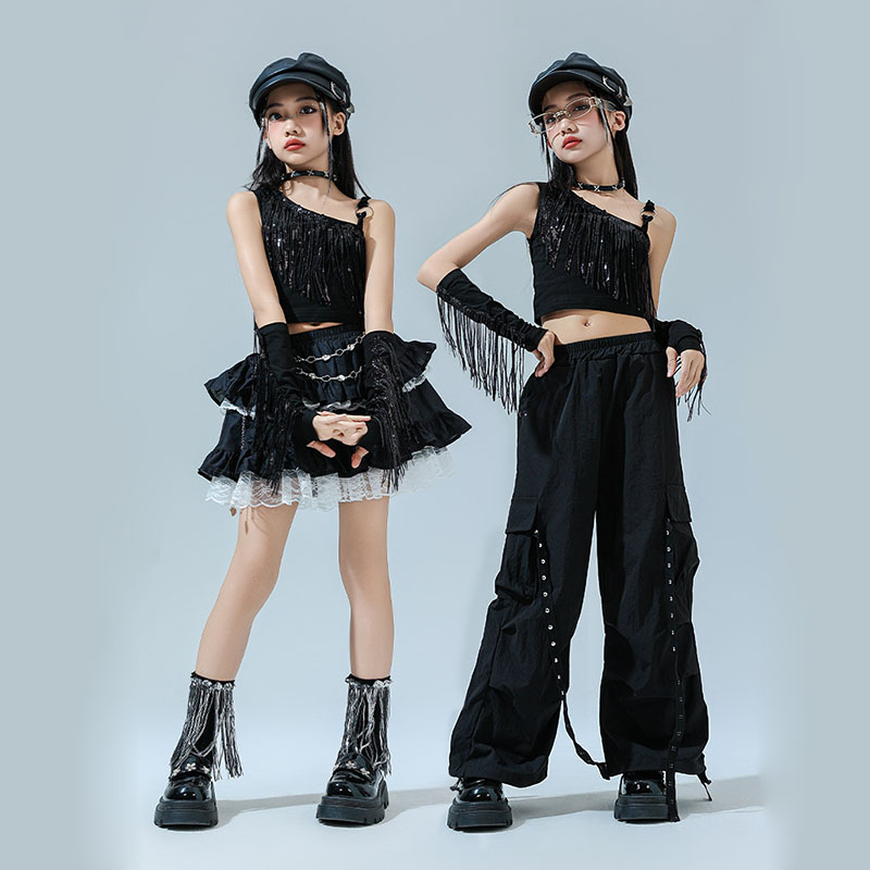 Kid Hip Hop Clothing Black Bead Sequin Crop Tank Top Lace Layered Skirt Rivet Cargo Pants for Girls Jazz Dance Costumes Clothes