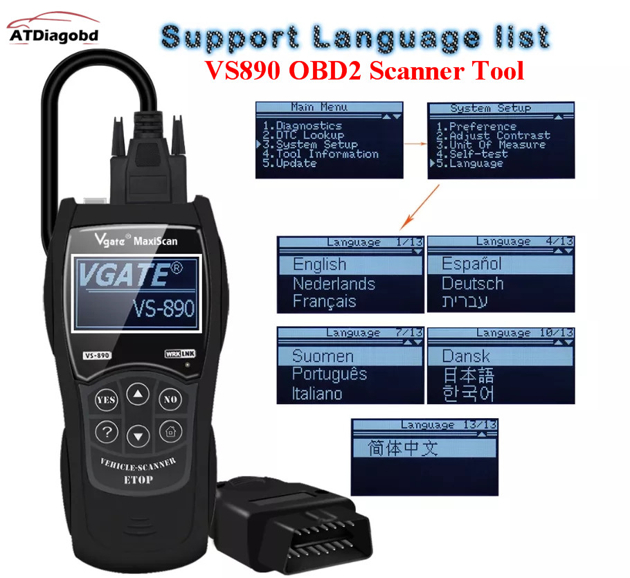 VS890 OBD2 コードスキャナーコードリーダーユニバーサルサポート多言語 Vgate VS 890 車診断ツール