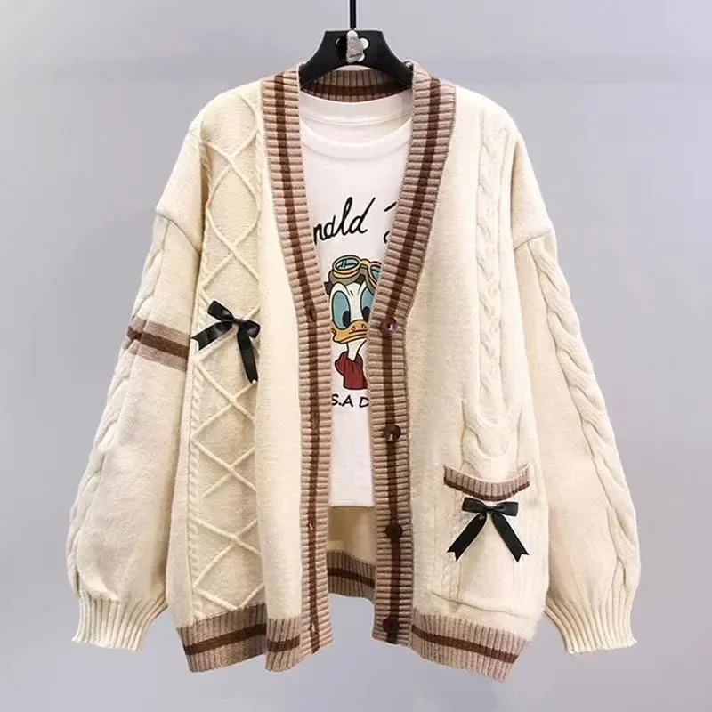 甘い弓セーターカーディガン女性 Y2K 美的コントラストカラー V ネックニットカーディガンかわいい Jk シングルブレストセーターコート