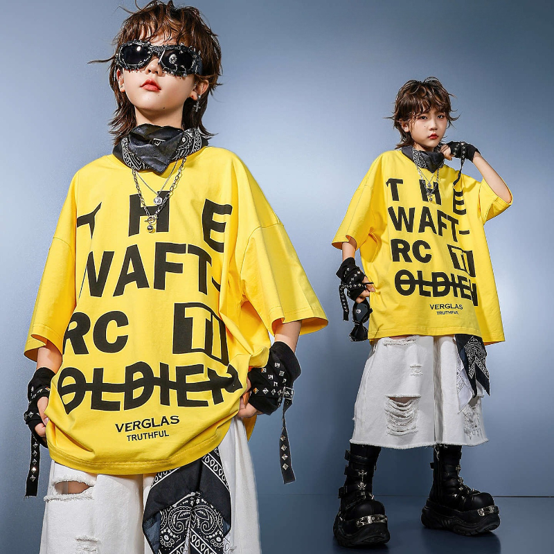 新しい男の子ストリートヒップホップダンス衣装黄色の Tシャツトップス白ショーツパフォーマンス衣装夏のファッションステージ着用服セット