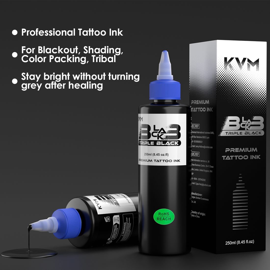 KVM 8オンス ブラック タトゥー インク顔料 プロフェッショナル 永久ボディアート ペイント タトゥー用品用