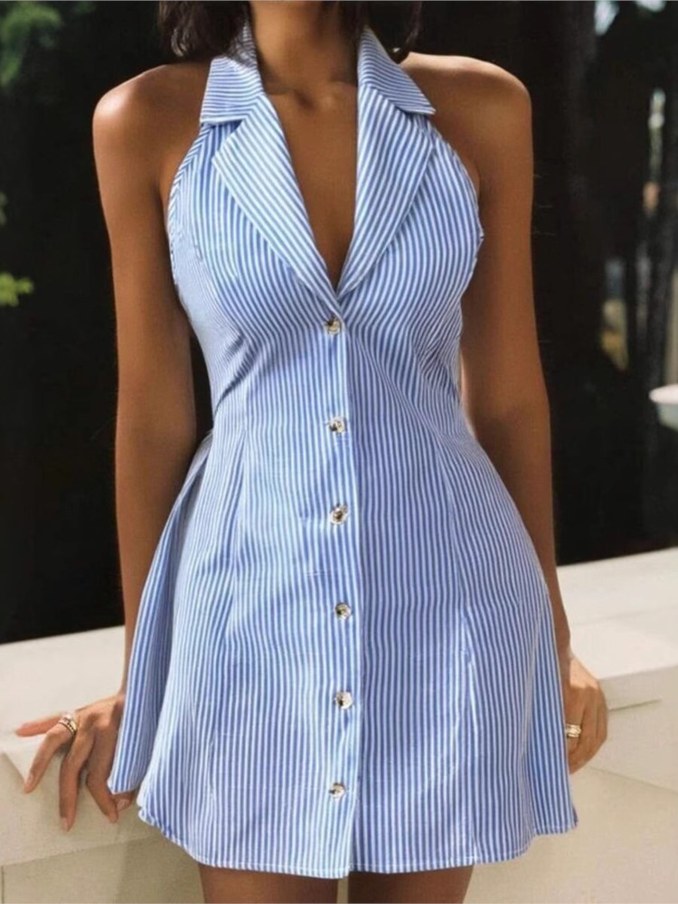 A ラインドレス背中の開いたドレス女性 Vestidos Vestido ビーチウェアちょう結びホルターネック休暇ホリデーストライプ甘い V リンクボタン