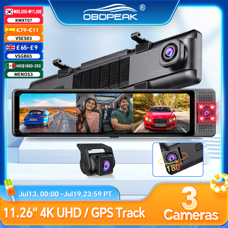 OBDPEAK 3 カメラダッシュカム 4K 車 DVR フロント内側リア 1080P GPS 追跡ナイトビジョンビデオ登録器ダッシュカム駐車モニター