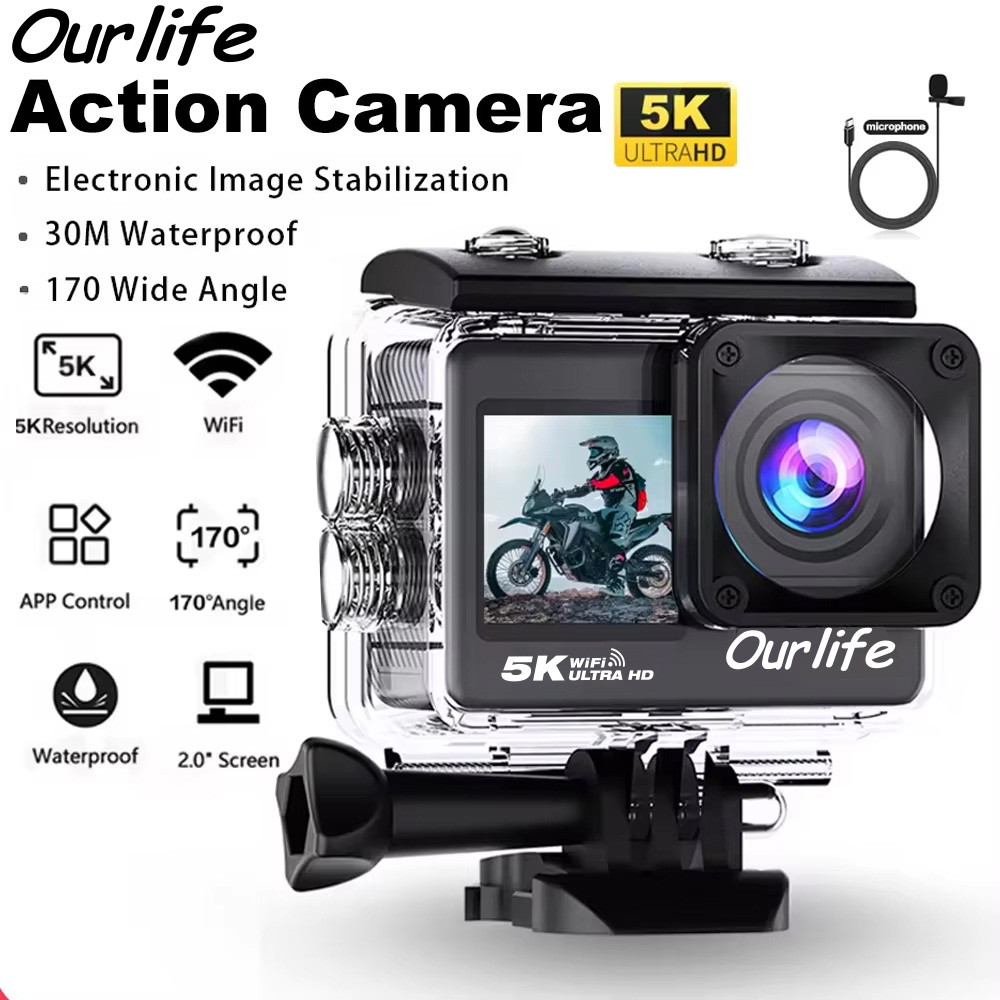 Ourlife 5K アクションカメラ 4K60FPS 2.0 インチ タッチスクリーン WiFi 170° 広角 30M 防水 自転車 オートバイ スポーツカメラ