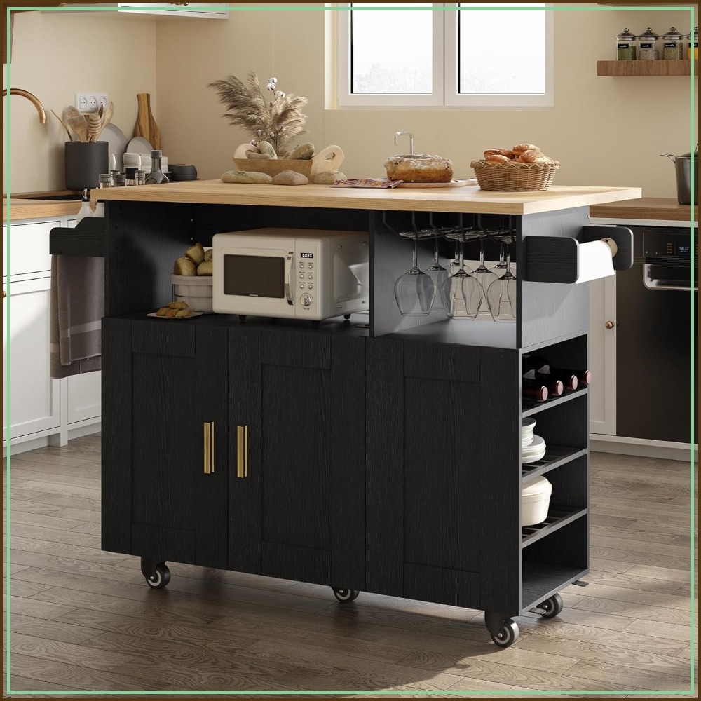 ローリングキッチンアイランド ドロップリーフ、電源ソケット付き
