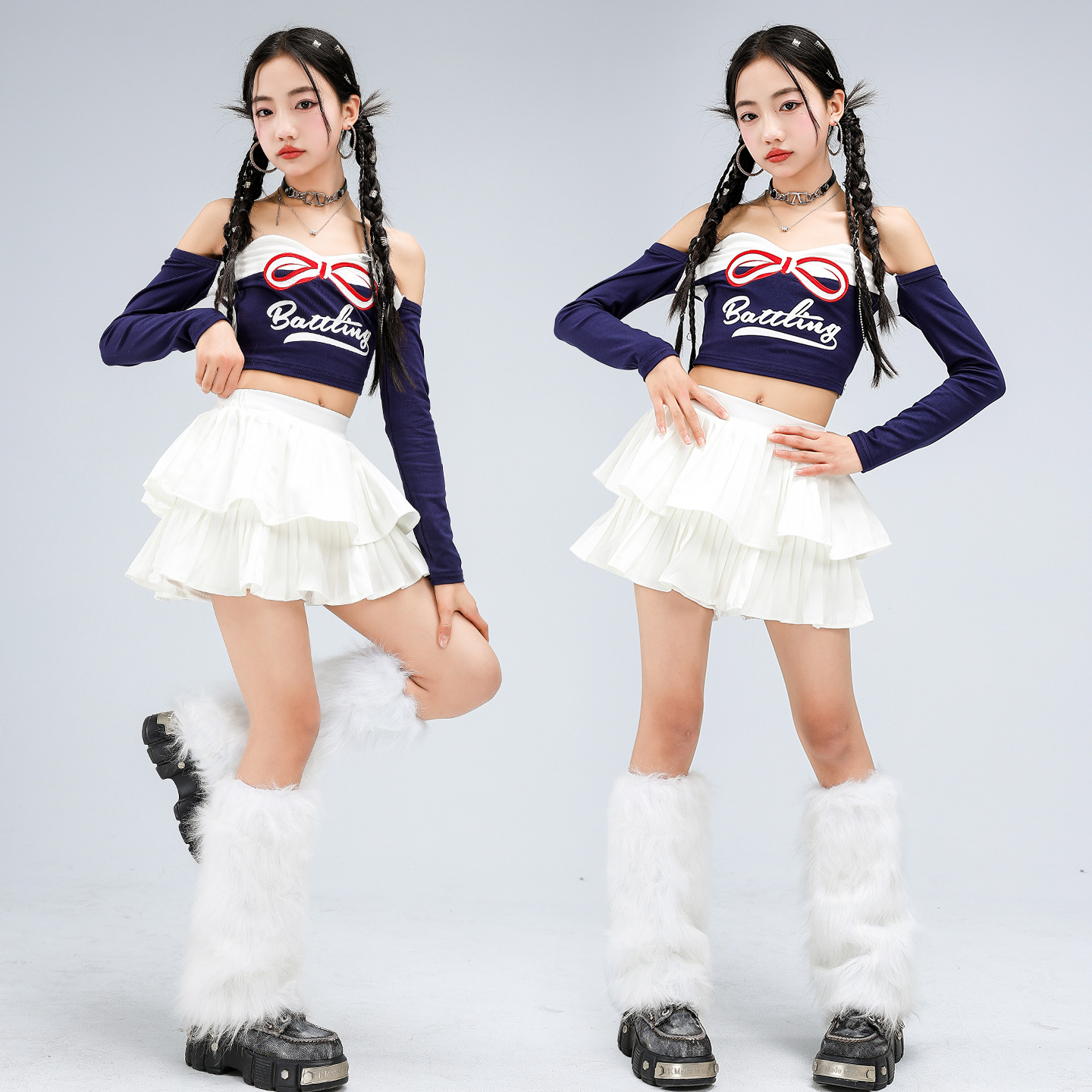 Kid Kpop Hip Hop Clothing Navy Blue Off Shoulder Crop T Shirt White Layered Pleated Mini Skirt for Girls Dance Costumes Clothes