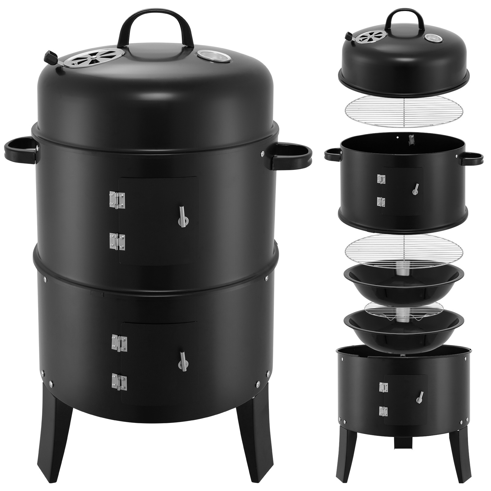 3 in 1 スモークグリル グリル付き 垂直ポータブルスモーカーグリル 取り外し可能 2層 キャンプ アウトドア BBQ クッキング ブラック