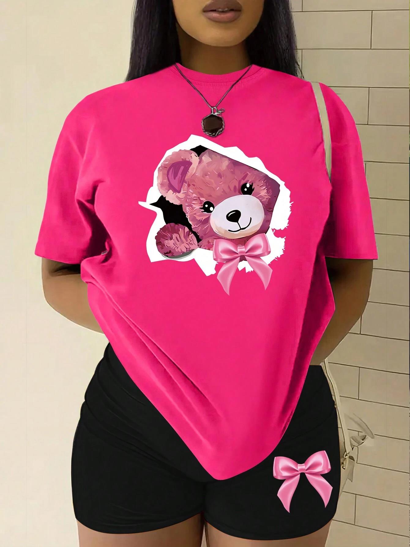 ピンクの弓ブロークンシェルテディベア Tシャツセット女性ファッションコットン 2 点セットクールサマーショーツソフトファッション半袖女性