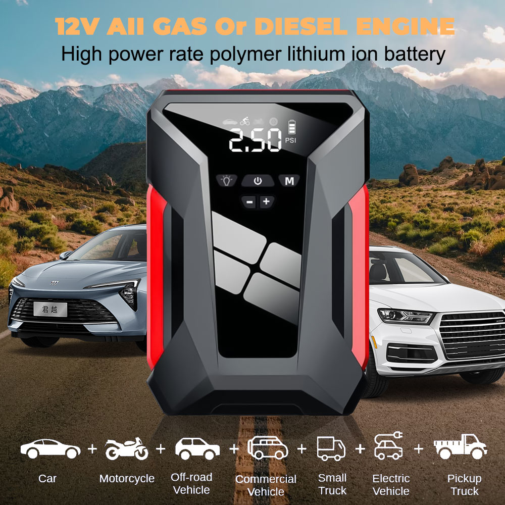 2000A 車ジャンプスターター デジタルタイヤインフレーター付き 12V ポータブルカーバッテリーブースター LCD ディスプレイ USB パワーバンク LED 緊急エアコンプレッサー すべてのガソリン用自動ジャンプスターター