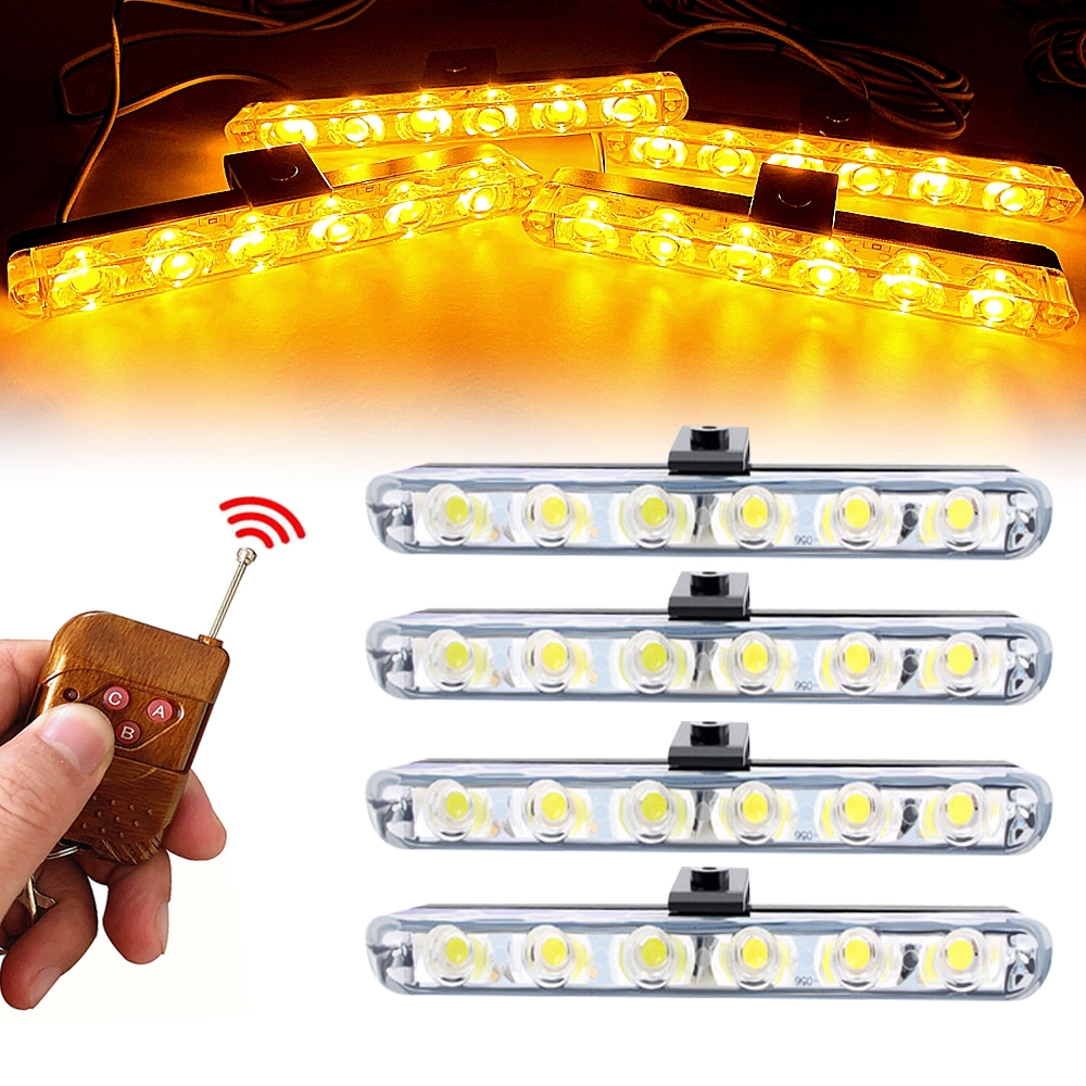 6LED フラッシャー緊急ビーコンライトアンバー車グリルストロボ警告ライトバーワイヤレスリモート警察ストロボスコープ点滅ライト
