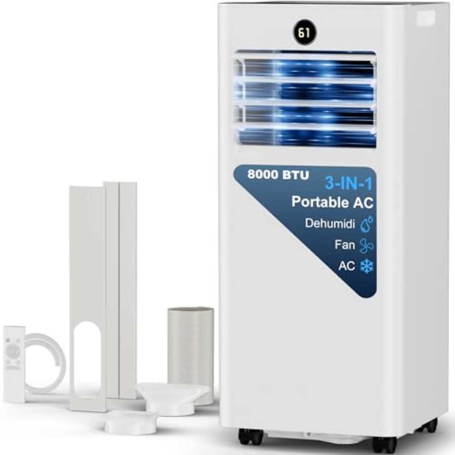 寝室用ポータブルエアコン、プラスチックハウジング、白色、8000 BTU 冷却能力、リモコン、ファン付き。