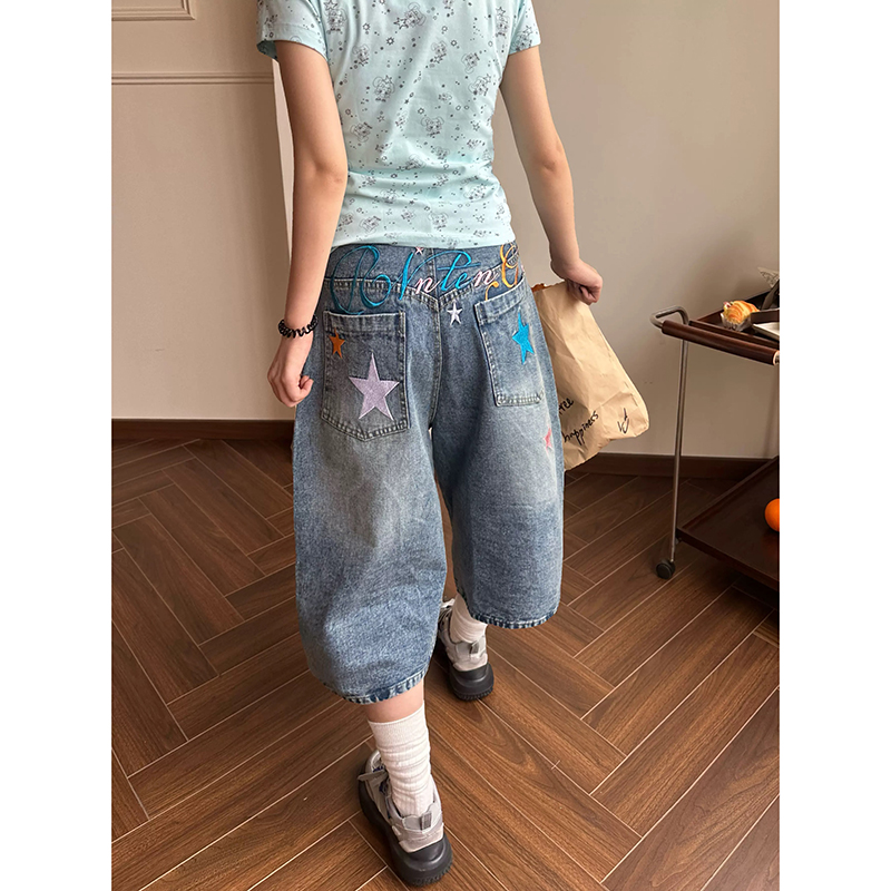 YIBASHU 女性ブルーデニムショーツ Y2k ジーンズショートパンツ原宿美的ヴィンテージ刺繍カウボーイショーツ 2000 年代のゴミ服