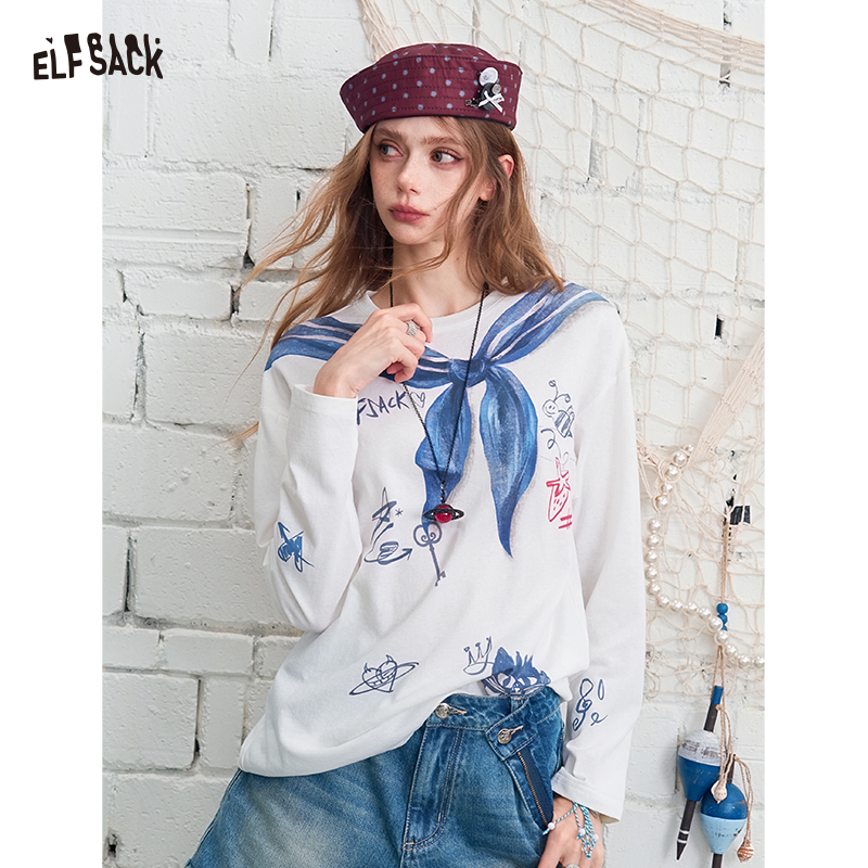 ELFSACK エルフサック セーラー襟グラフィティプリント長袖Tシャツ 猫モチーフのゆったりネイビー風トップス
