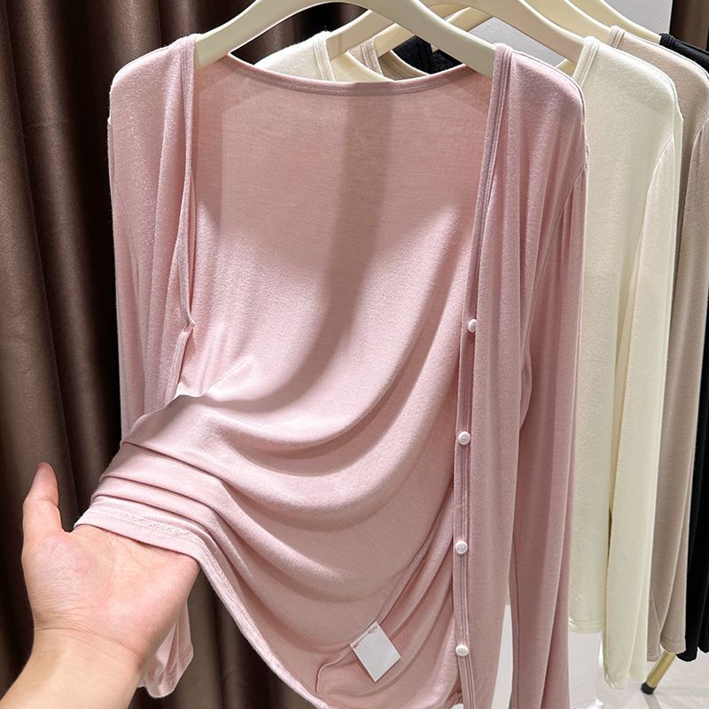 女性の夏のショール日焼け防止服春秋マッチングスカートキャミソール V ネックカーディガン薄手のジャケット