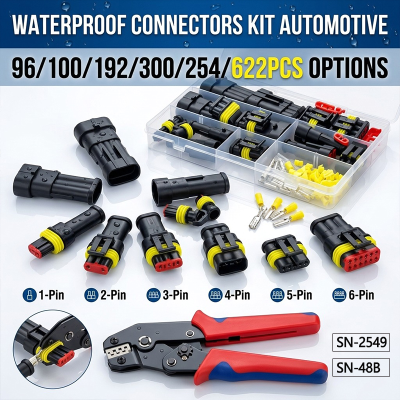 防水自動車電線コネクタ端子キット 1-6 ピンオスメスプラグソケットラチェット圧着工具配線シール