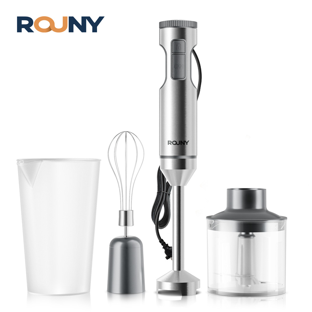 ROUNY 4-in-1 ハンド浸漬ブレンダー 1000W 強力、ステンレススチールスティックフードミキサー、700ml ミキシングビーカー、500ml プロセッサー、泡立て器