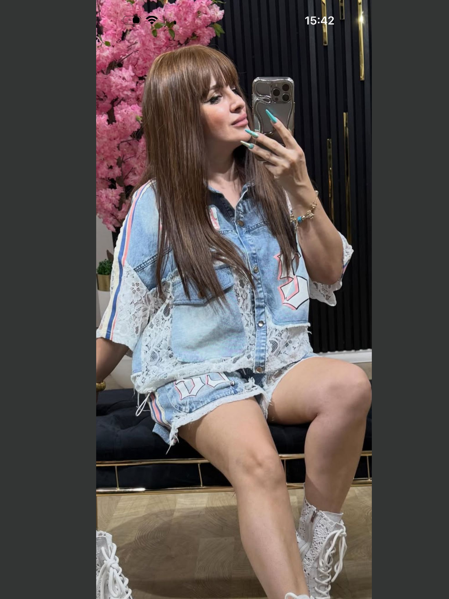 女性ウォッシュデニムレースパッチワークツーピースセット 23 レタープリントファッションカジュアル衣装ルーズマッチングセットストリート