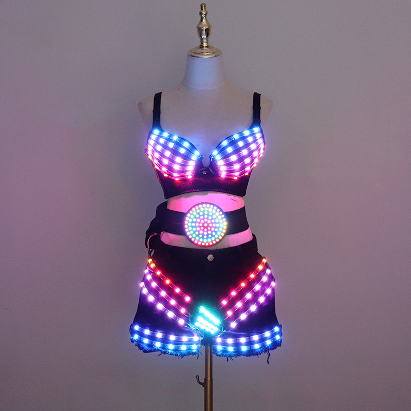 新しい LED 衣装ライトアップブラジャーセクシーな女性パーティーダンススーツベルト DJ ナイトクラブバー光る服ステージショーチュチュスカート