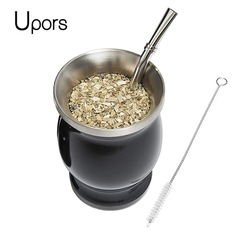 UPORS ヤーバマテカップ 304 ステンレス鋼二重壁 8 オンス アルゼンチン ヤーバマテひょうたん ボンビラスとクリーニングブラシ付き