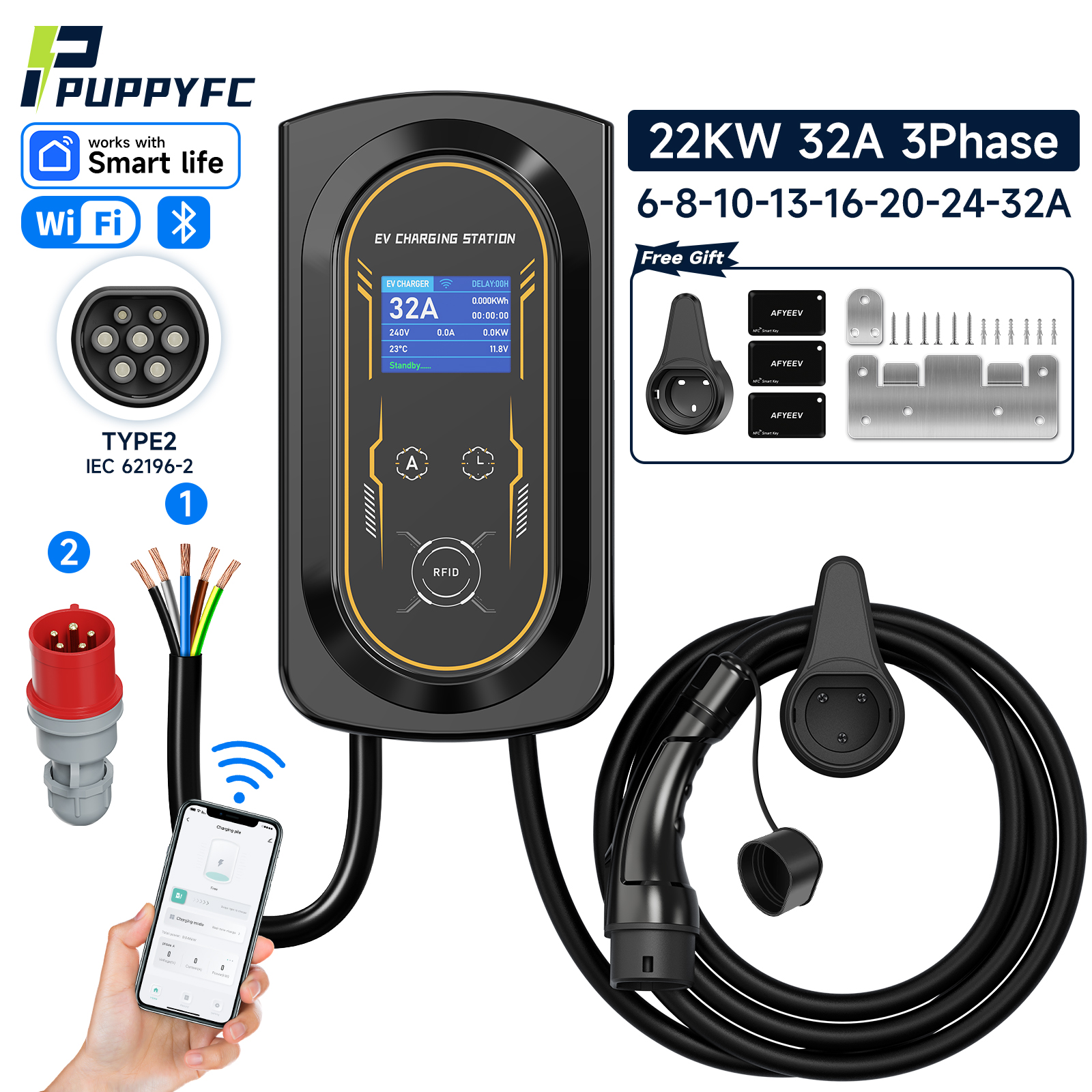 Puppyfc EV 充電ステーション 32A 電気自動車車の充電器 EVSE ウォールボックス 7.6/11/22KW Type2 ケーブル IEC62196 ソケット APP 制御
